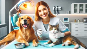 Uma imagem vibrante e acolhedora de um veterinário cuidando dos dentes de um cão e um gato. O veterinário está sorrindo e usando luvas, enquanto o cão e o gato estão relaxados e confortáveis. No fundo, uma sala de consulta veterinária bem iluminada com equipamentos modernos. A imagem transmite uma sensação de cuidado e bem-estar, destacando a importância da saúde bucal dos pets.