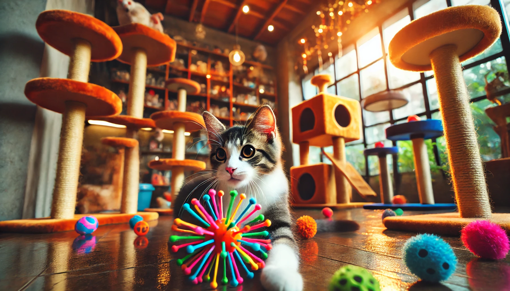 Gato brincando com um brinquedo em um ambiente enriquecido