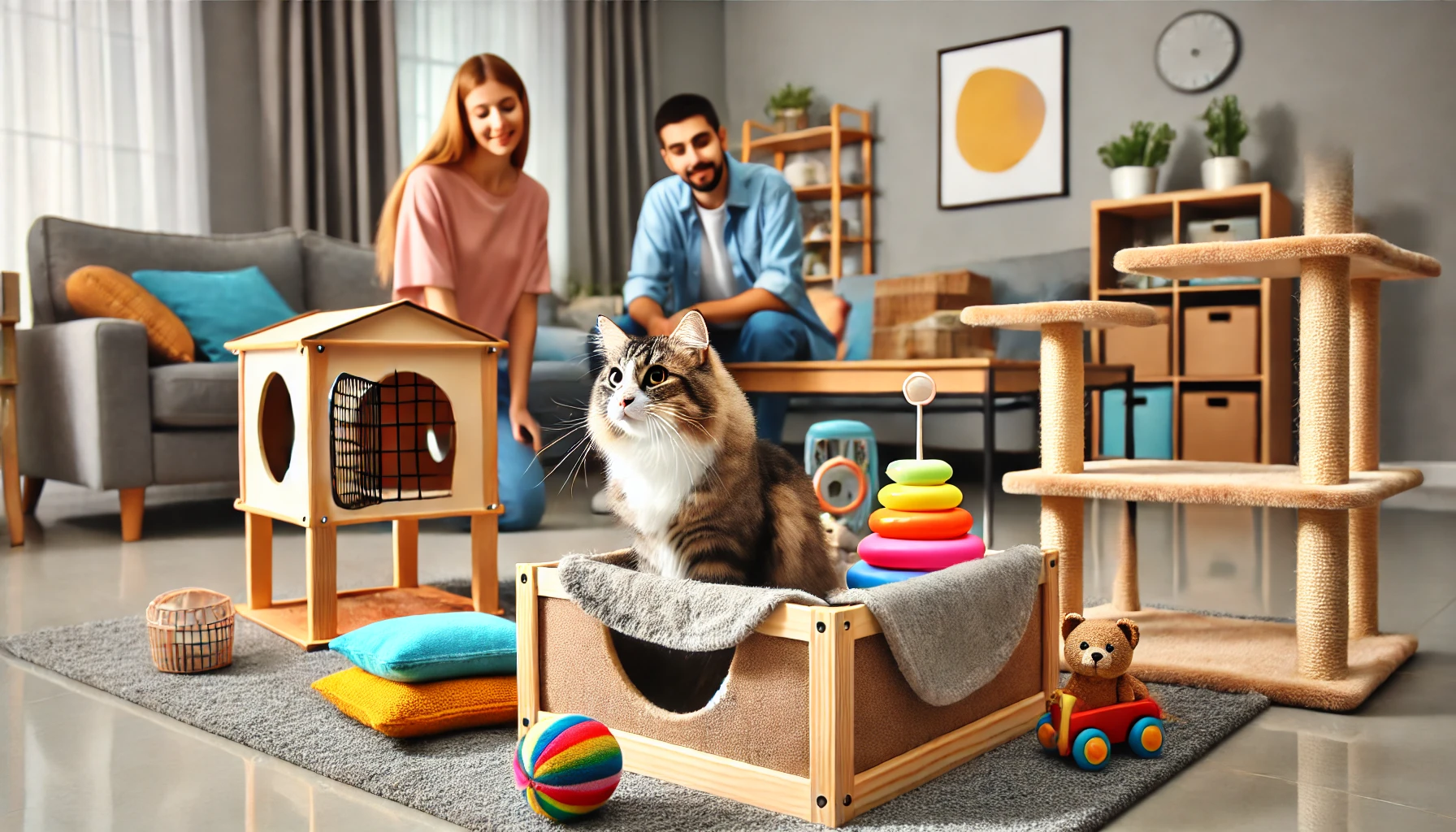 Imagem de um novo gato sendo introduzido em uma casa, em um ambiente vibrante com cores pastéis e decoração contemporânea. O gato está em uma área separada com brinquedos, uma cama macia e outras comodidades. Uma pessoa está interagindo suavemente com o gato, transmitindo um sentimento de segurança, cuidado e calor.