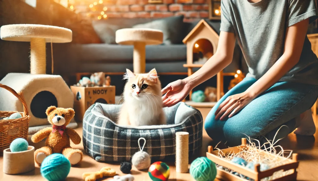 Cena acolhedora de um novo gato sendo apresentado a sua nova casa. O gato está em um espaço separado e aconchegante, com diversos brinquedos, uma cama de pelúcia e outras comodidades. Duas pessoas estão interagindo gentilmente com o gato, criando uma atmosfera de cuidado, segurança e alegria.