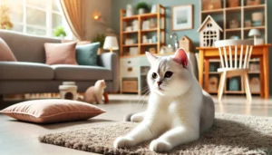 Gato de pelo curto lambendo a pata em um ambiente doméstico acolhedor