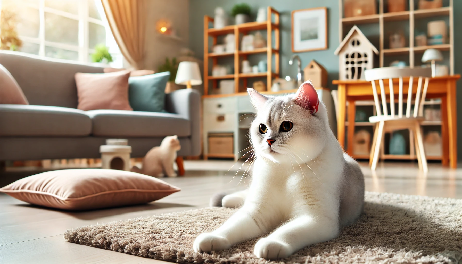 Gato de pelo curto lambendo a pata em um ambiente doméstico acolhedor