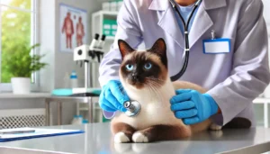 Veterinário examinando um gato siamês com estetoscópio em um consultório veterinário limpo e bem iluminado.