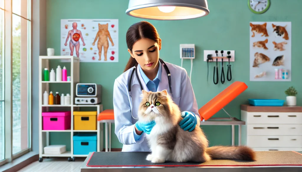 Veterinário examinando um gato siamês com estetoscópio em um consultório veterinário limpo e bem iluminado.