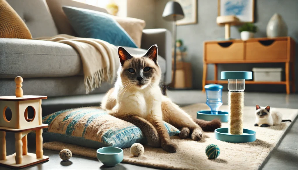 Idoso gato cinza descansando em uma sala de estar aconchegante, rodeado por um cobertor macio, uma tigela de água e alguns brinquedos.