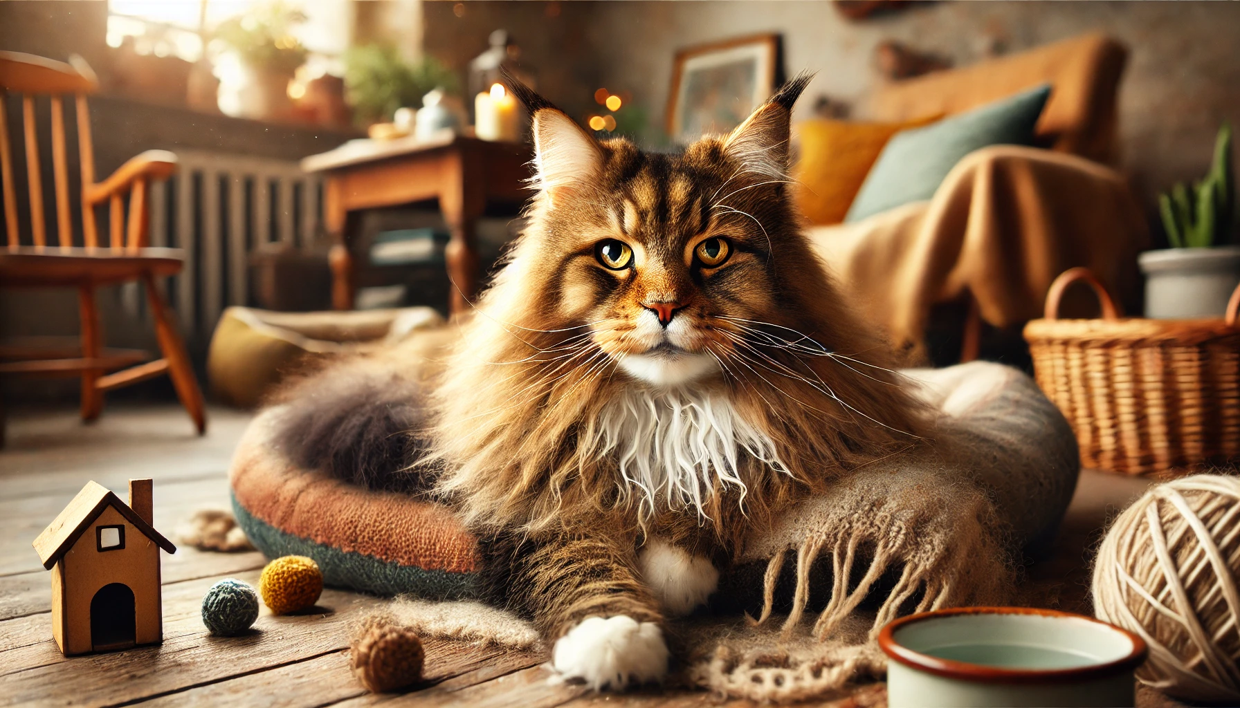 Idoso gato cinza descansando em uma sala de estar aconchegante, rodeado por um cobertor macio, uma tigela de água e alguns brinquedos.