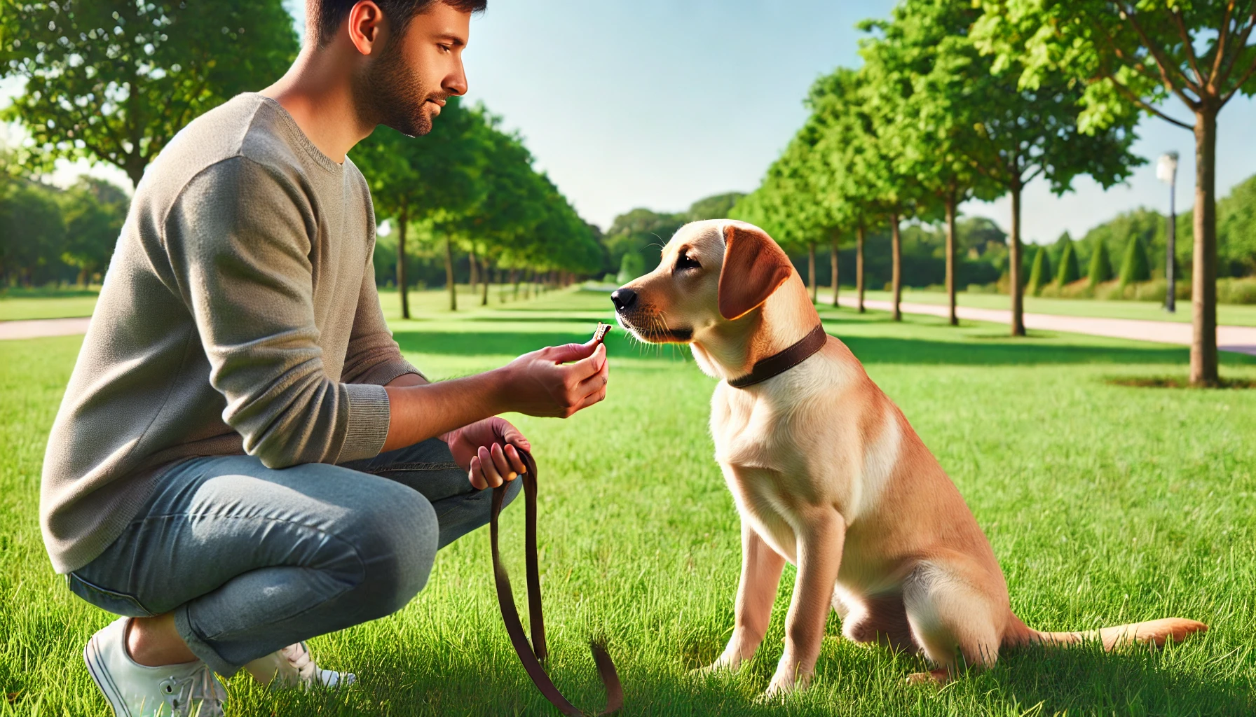 Dono treinando seu cão a sentar com um petisco em um parque.