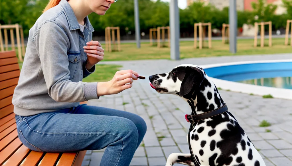 Dono treinando seu cão a sentar com um petisco em um parque.