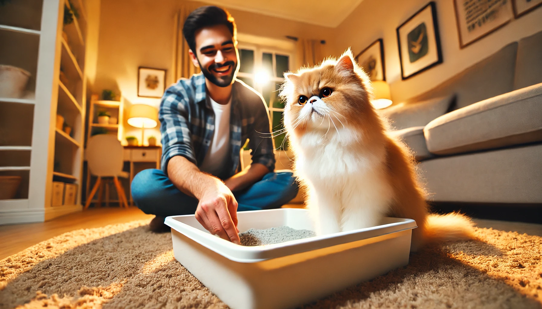 Gato usando a caixa de areia em um ambiente limpo e confortável