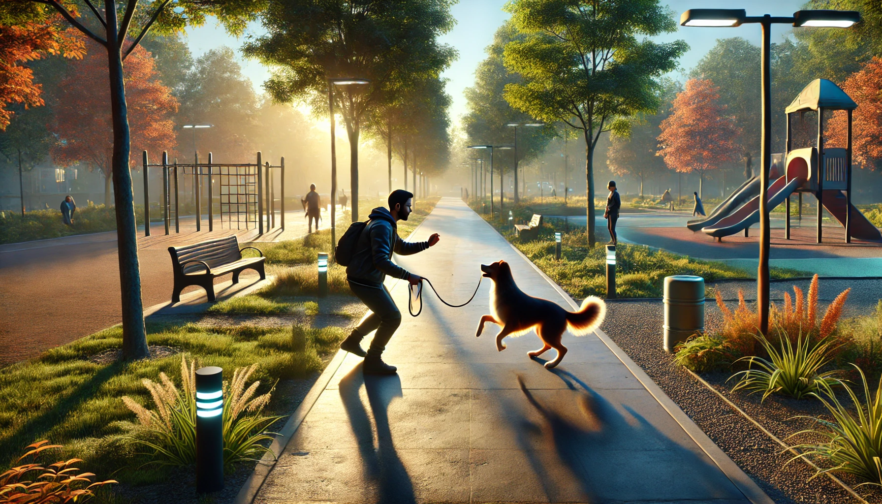 Cão obediente sentado em um parque, demonstrando o comando 'Fica', com seu dono ao fundo.