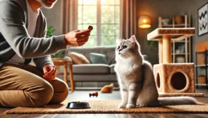 Gato treinado sentando-se em resposta ao comando do dono durante uma sessão de adestramento.