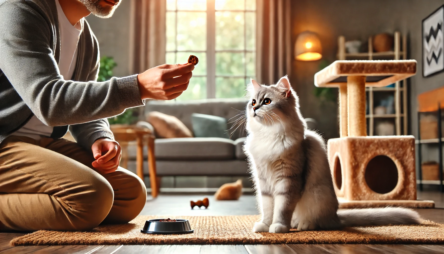 Gato treinado sentando-se em resposta ao comando do dono durante uma sessão de adestramento.