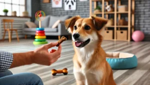 Cão sendo treinado para evitar latidos excessivos, sentado calmamente enquanto seu dono segura um petisco como recompensa.