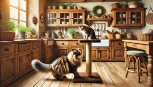 Gato usando arranhador de sisal em uma sala de estar aconchegante, com sofá protegido por capa ao fundo.