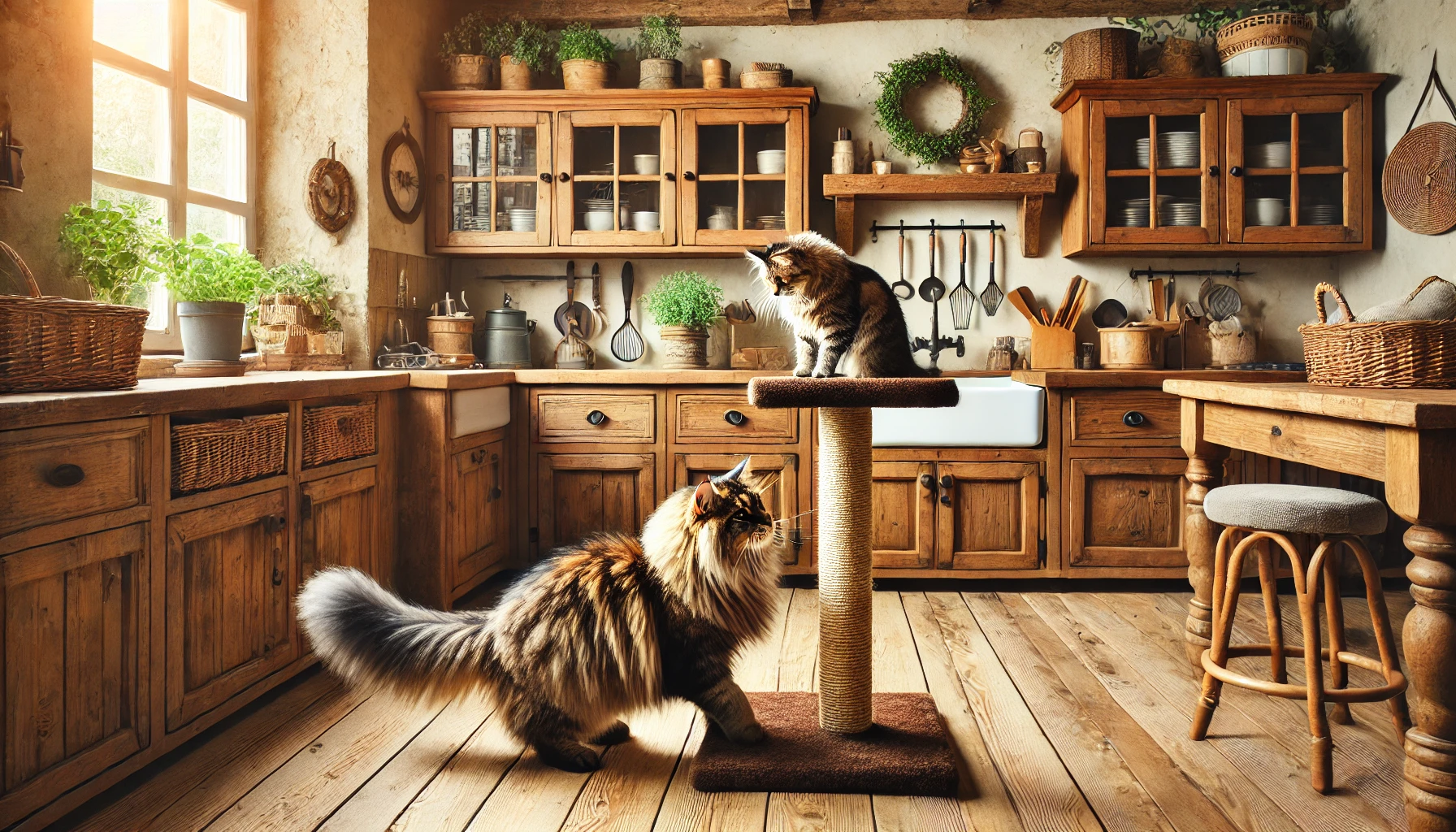 Gato usando arranhador de sisal em uma sala de estar aconchegante, com sofá protegido por capa ao fundo.