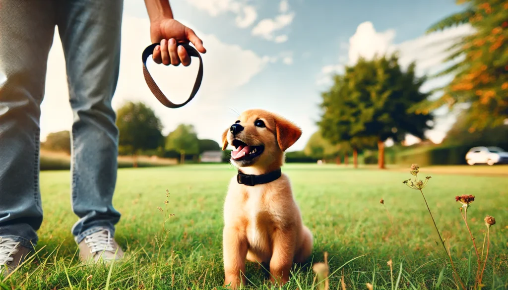 Filhote feliz sentado obedientemente em um parque com uma coleira na boca, olhando para seu dono.