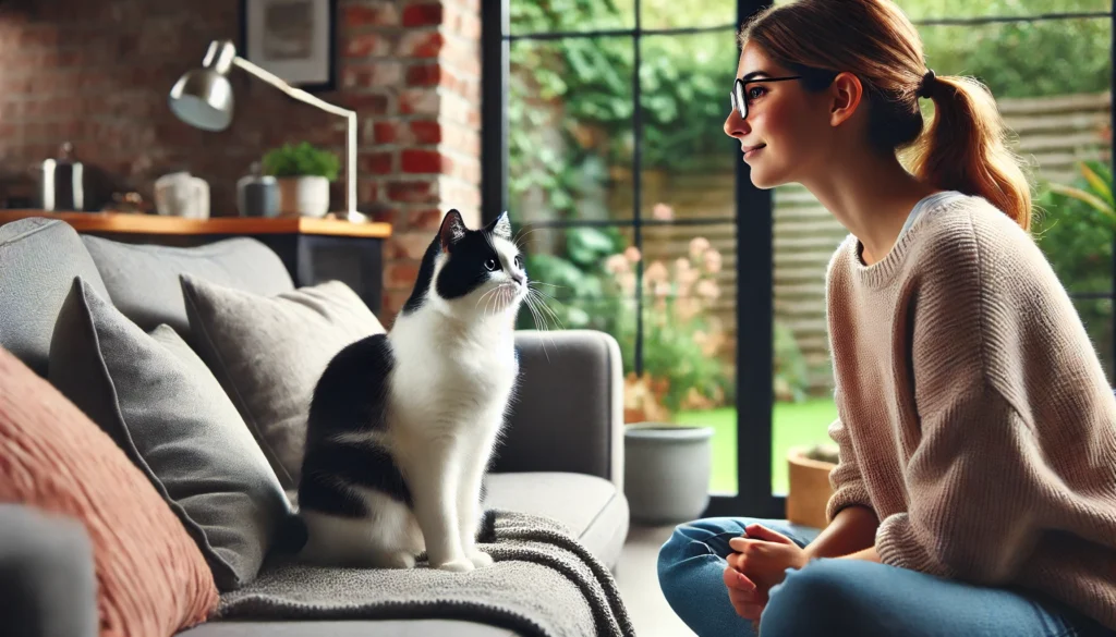 Gato sentado em uma sala, respondendo ao chamado do seu nome