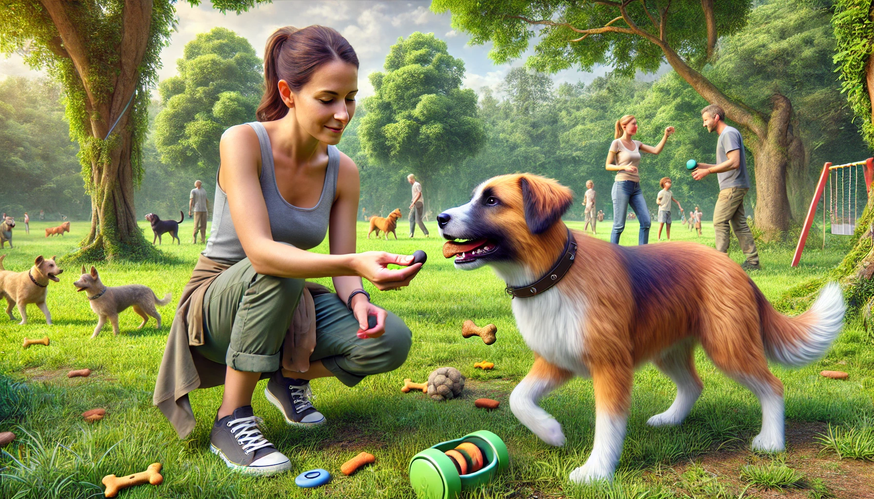 Treinador de cães em parque usando técnicas de reforço positivo para corrigir comportamentos destrutivos.