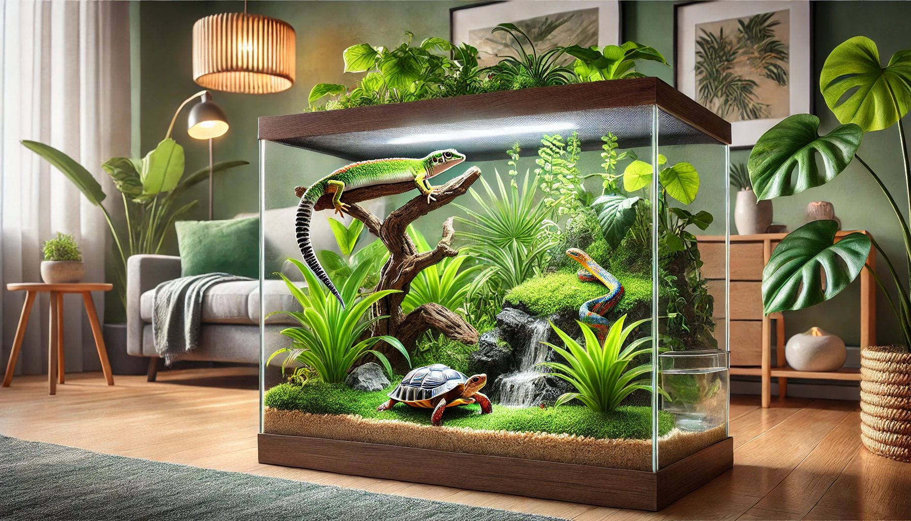 Terrário bem-cuidado com diversos répteis de estimação, incluindo um gecko verde, uma pequena tartaruga e uma cobra colorida, rodeados por plantas e iluminação adequada.