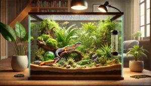 Terrário de vidro com substrato variado, plantas e animais silvestres como lagartixa-leopardo, rã verde e cobra.