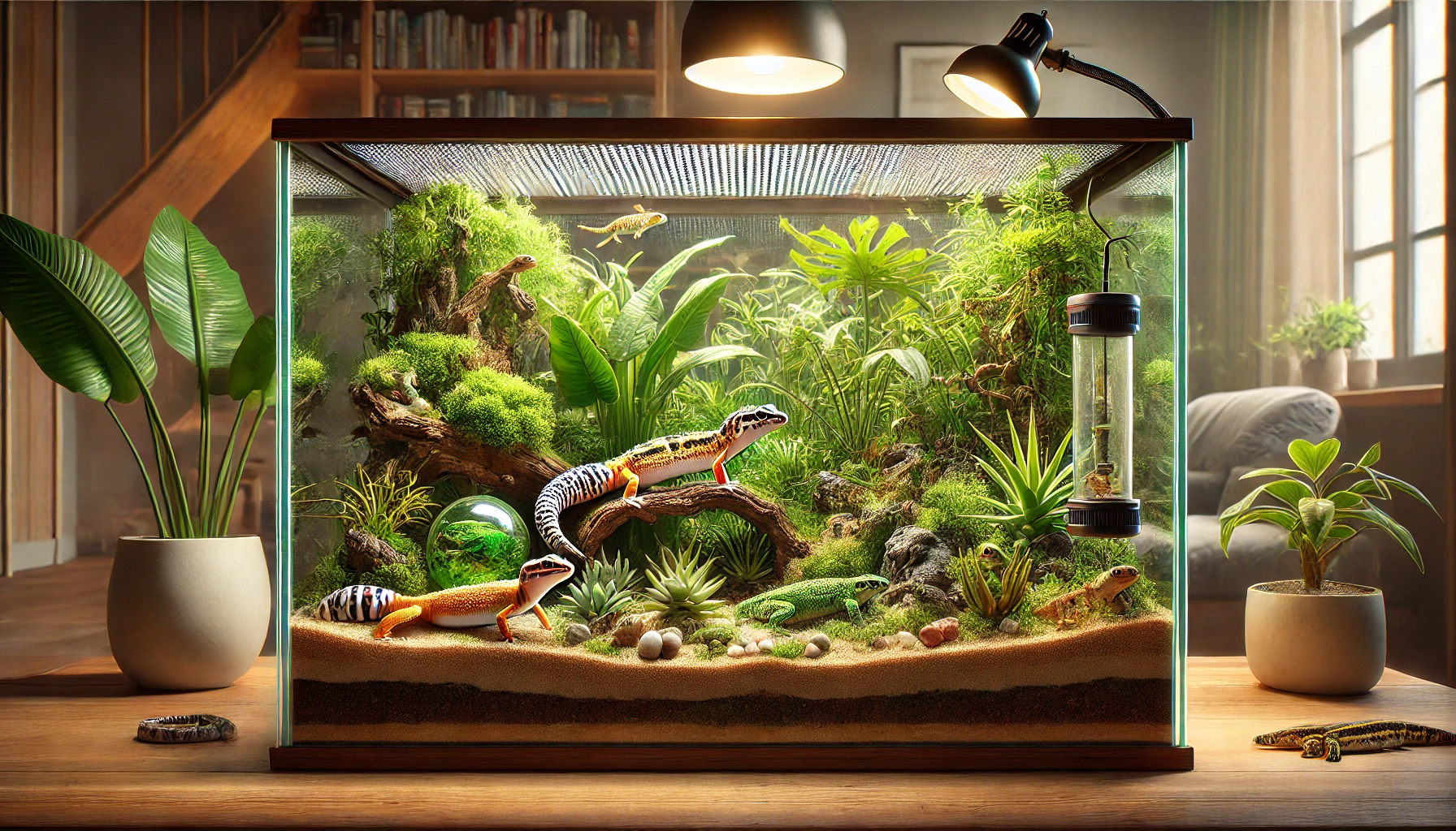 Terrário de vidro com substrato variado, plantas e animais silvestres como lagartixa-leopardo, rã verde e cobra.