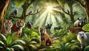 Animais silvestres em uma floresta tropical protegida, incluindo tigres, micos-leões-dourados e rinocerontes, em um cenário de conservação e harmonia natural.