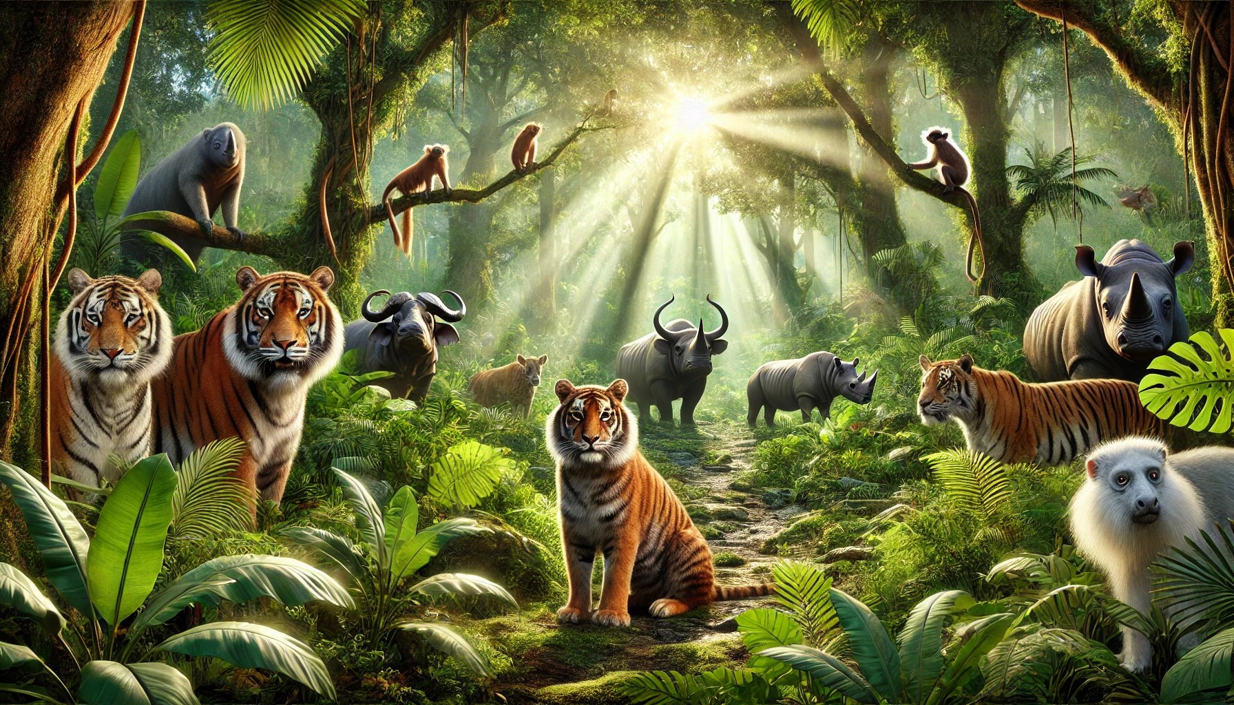 Animais silvestres em uma floresta tropical protegida, incluindo tigres, micos-leões-dourados e rinocerontes, em um cenário de conservação e harmonia natural.