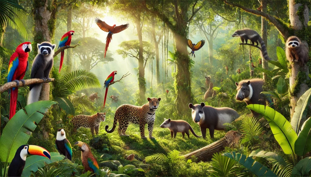 Animais silvestres em uma floresta tropical protegida, incluindo tigres, micos-leões-dourados e rinocerontes, em um cenário de conservação e harmonia natural.