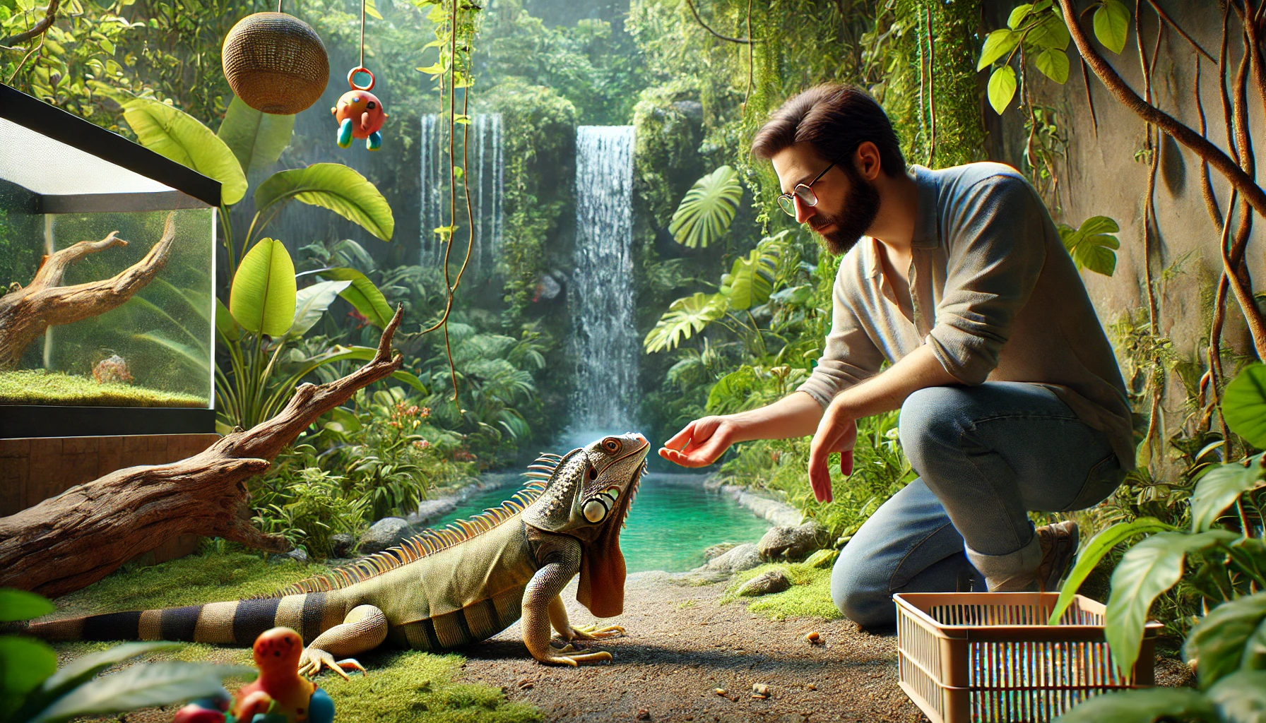 Cuidador alimentando iguanas, papagaios, e pequenos mamíferos em cativeiro com uma dieta balanceada em um ambiente enriquecido.