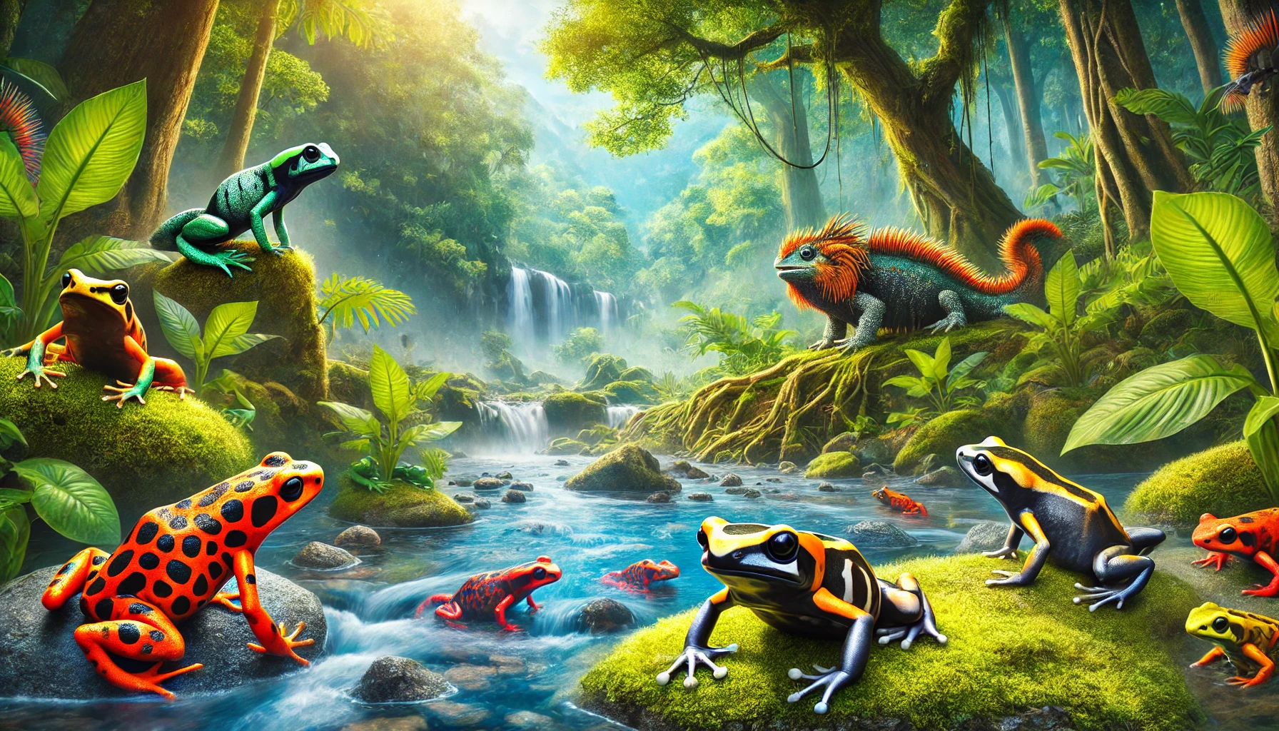 Anfíbios fascinantes em seu habitat natural, incluindo uma rã-dardo-venenosa, um axolote e uma salamandra-gigante, destacando suas cores vibrantes e ambientes exuberantes.