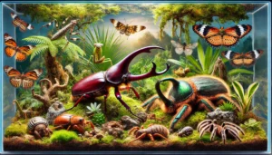 Terrário bem montado com besouro-hércules, louva-a-deus e tarântula, em um ambiente naturalista com plantas e substratos variados.