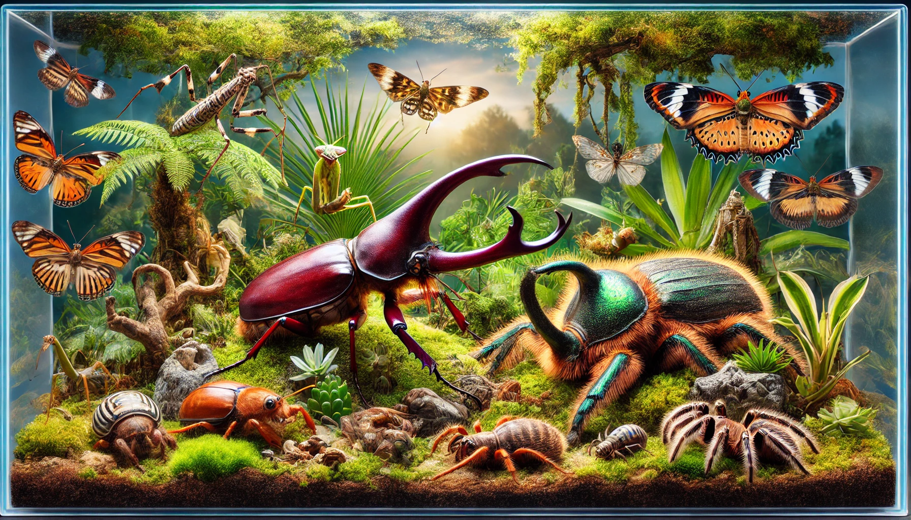 Terrário bem montado com besouro-hércules, louva-a-deus e tarântula, em um ambiente naturalista com plantas e substratos variados.