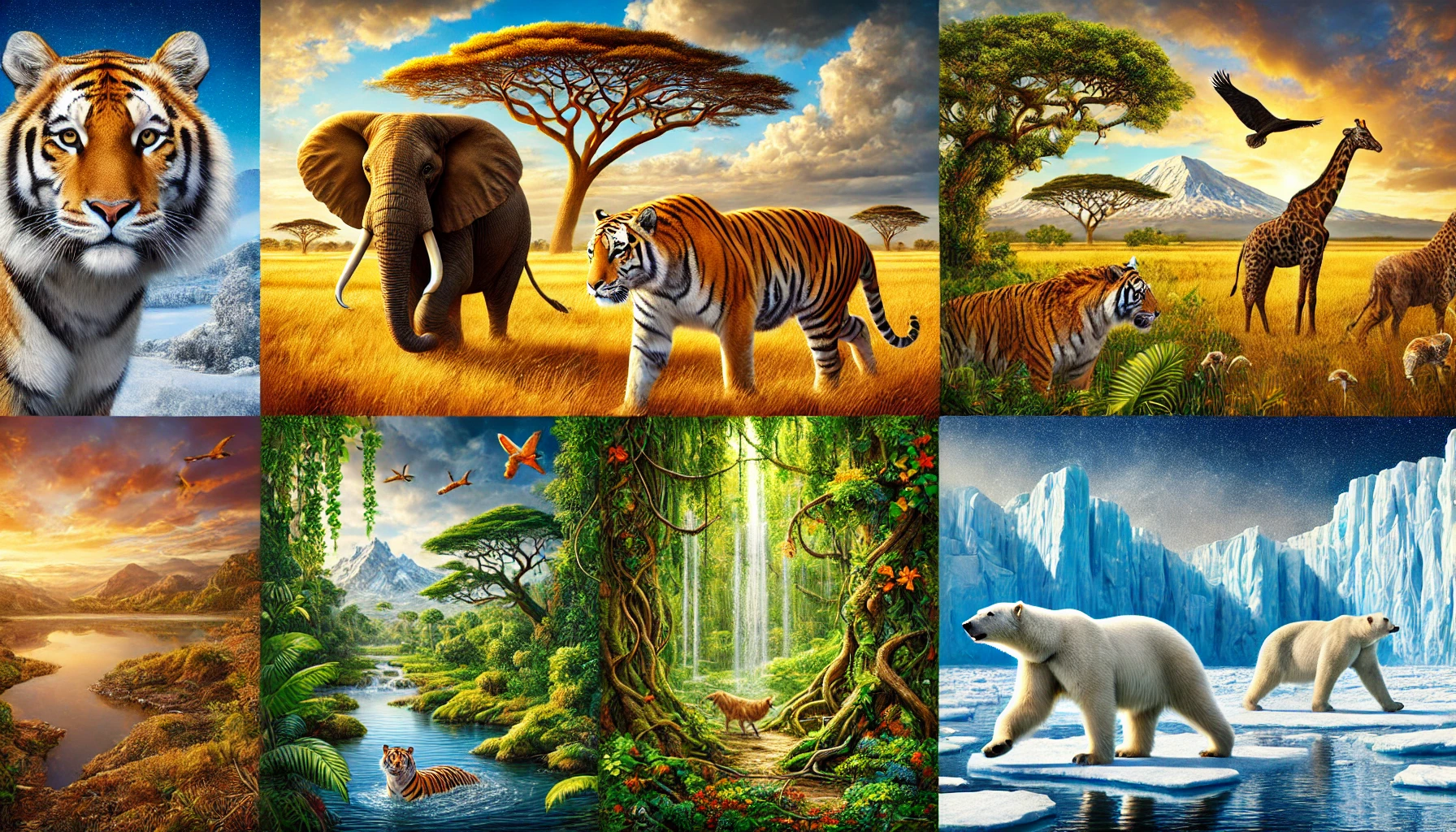 Diversidade de mamíferos silvestres em seus habitats naturais, incluindo elefante africano na savana, tigre na floresta tropical e urso polar no campo de gelo ártico.