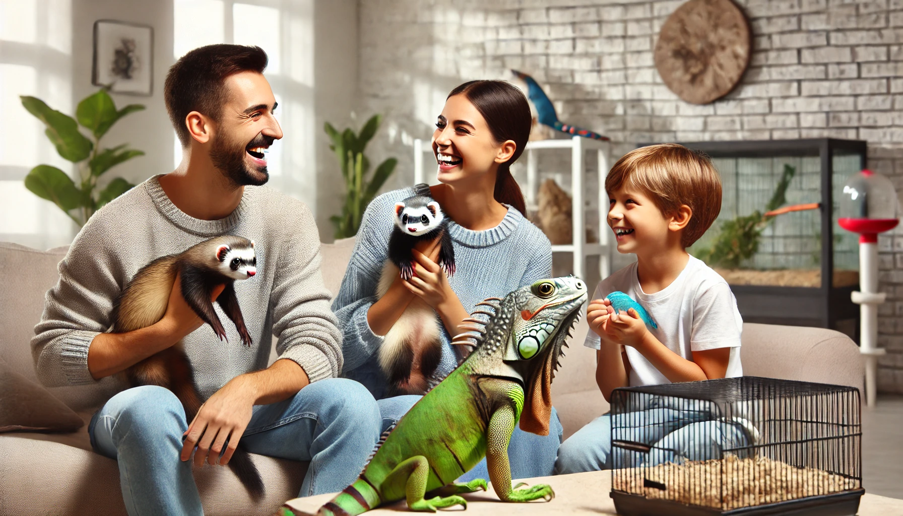 Família sorridente interagindo com animais silvestres de estimação, como um furão, um papagaio e uma iguana, em uma sala de estar bem iluminada.