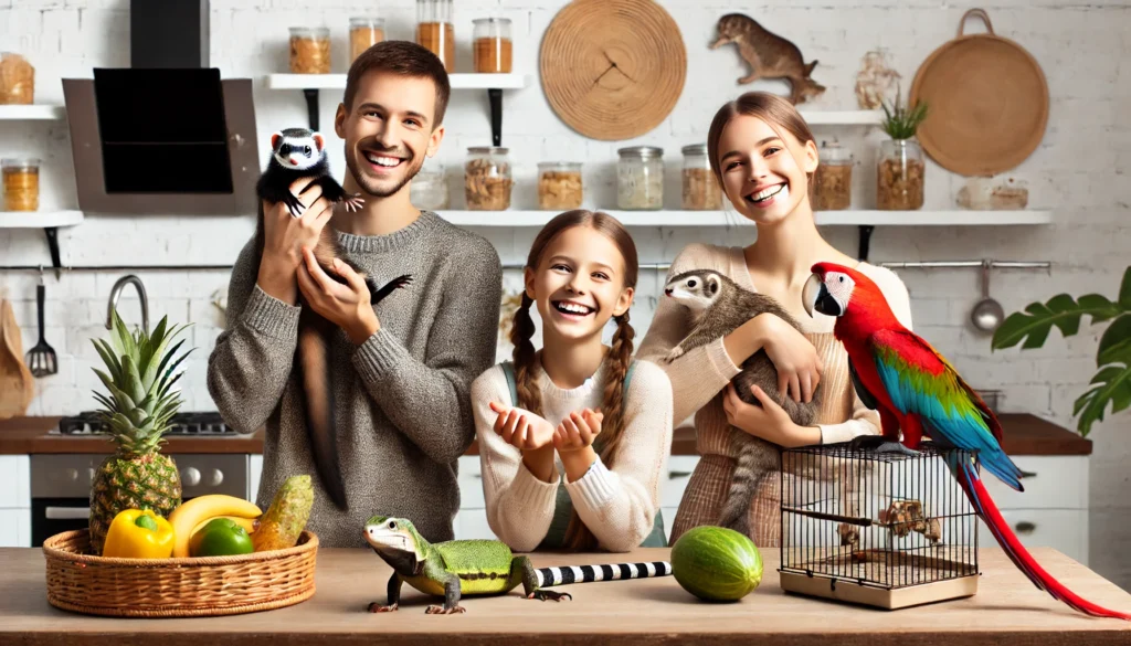 Família sorridente interagindo com animais silvestres de estimação, como um furão, um papagaio e uma iguana, em uma sala de estar bem iluminada.