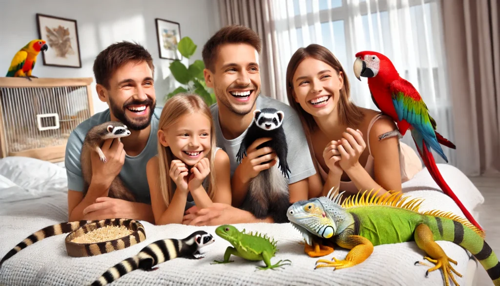 Família sorridente interagindo com animais silvestres de estimação, como um furão, um papagaio e uma iguana, em uma sala de estar bem iluminada.