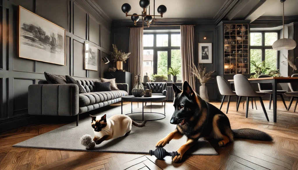 Cão e gato brincando com brinquedos em uma sala aconchegante, destacando a importância de escolher os melhores brinquedos para pets.