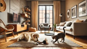 Cão e gato brincando com brinquedos em uma sala aconchegante, destacando a importância de escolher os melhores brinquedos para pets.