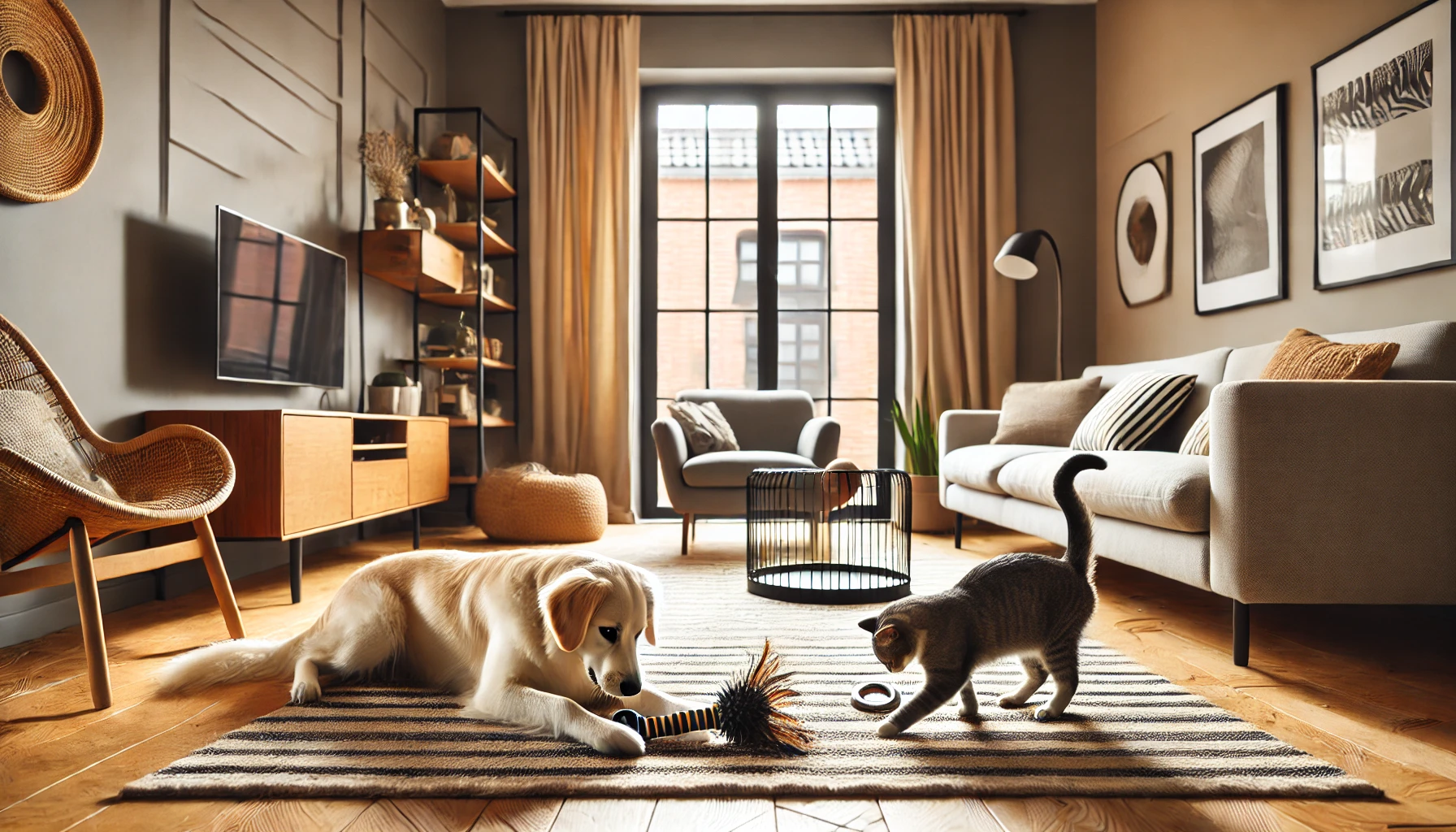 Cão e gato brincando com brinquedos em uma sala aconchegante, destacando a importância de escolher os melhores brinquedos para pets.