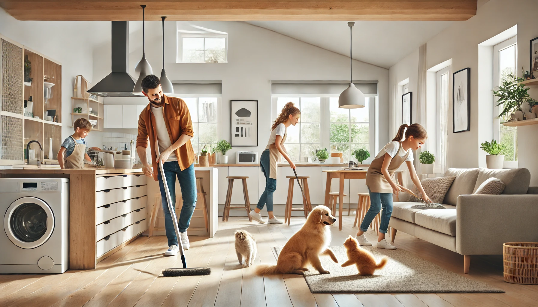 Família limpando a casa com seus animais de estimação presentes, mostrando harmonia e organização.