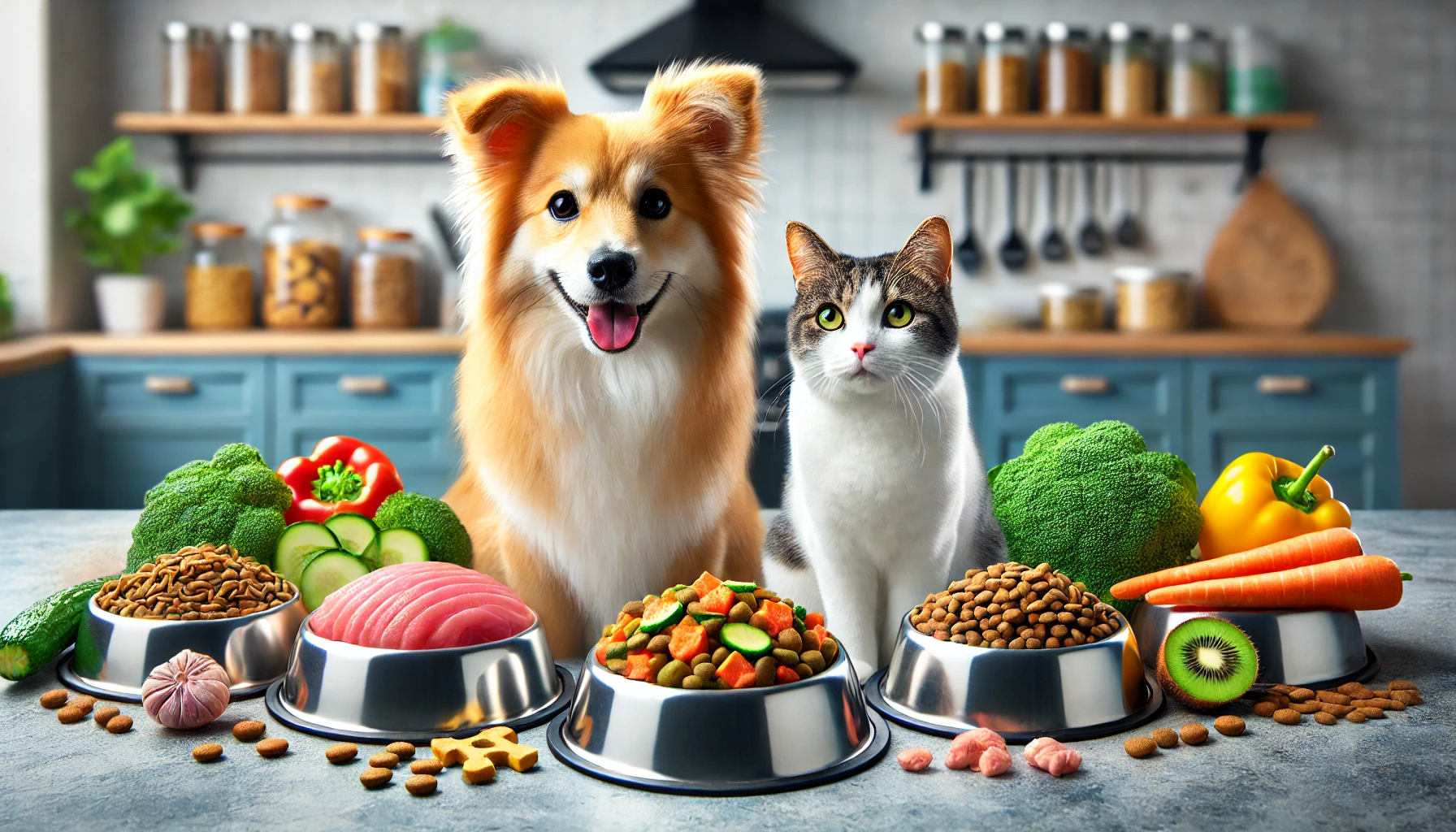 Cão e gato sentados lado a lado com tigelas de comida caseira fresca, contendo pedaços de carne, vegetais e arroz, em uma cozinha moderna.