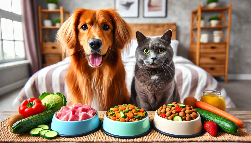 Cão e gato sentados lado a lado com tigelas de comida caseira fresca, contendo pedaços de carne, vegetais e arroz, em uma cozinha moderna.