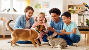 Família reunida em casa, brincando com um cachorro, um gato e um coelho, com pássaros exóticos ao fundo, destacando a felicidade e união proporcionadas pela adoção de animais de estimação.