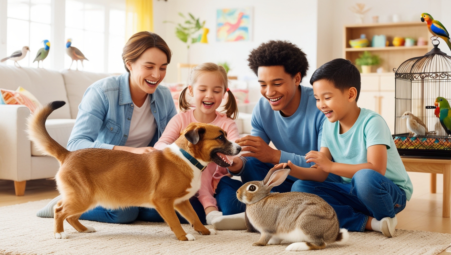 Família reunida em casa, brincando com um cachorro, um gato e um coelho, com pássaros exóticos ao fundo, destacando a felicidade e união proporcionadas pela adoção de animais de estimação.
