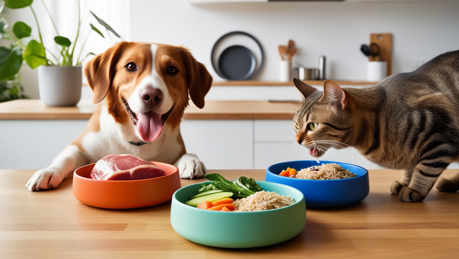 Cão e gato saudáveis comendo alimentos naturais frescos em tigelas coloridas em uma cozinha bem iluminada.