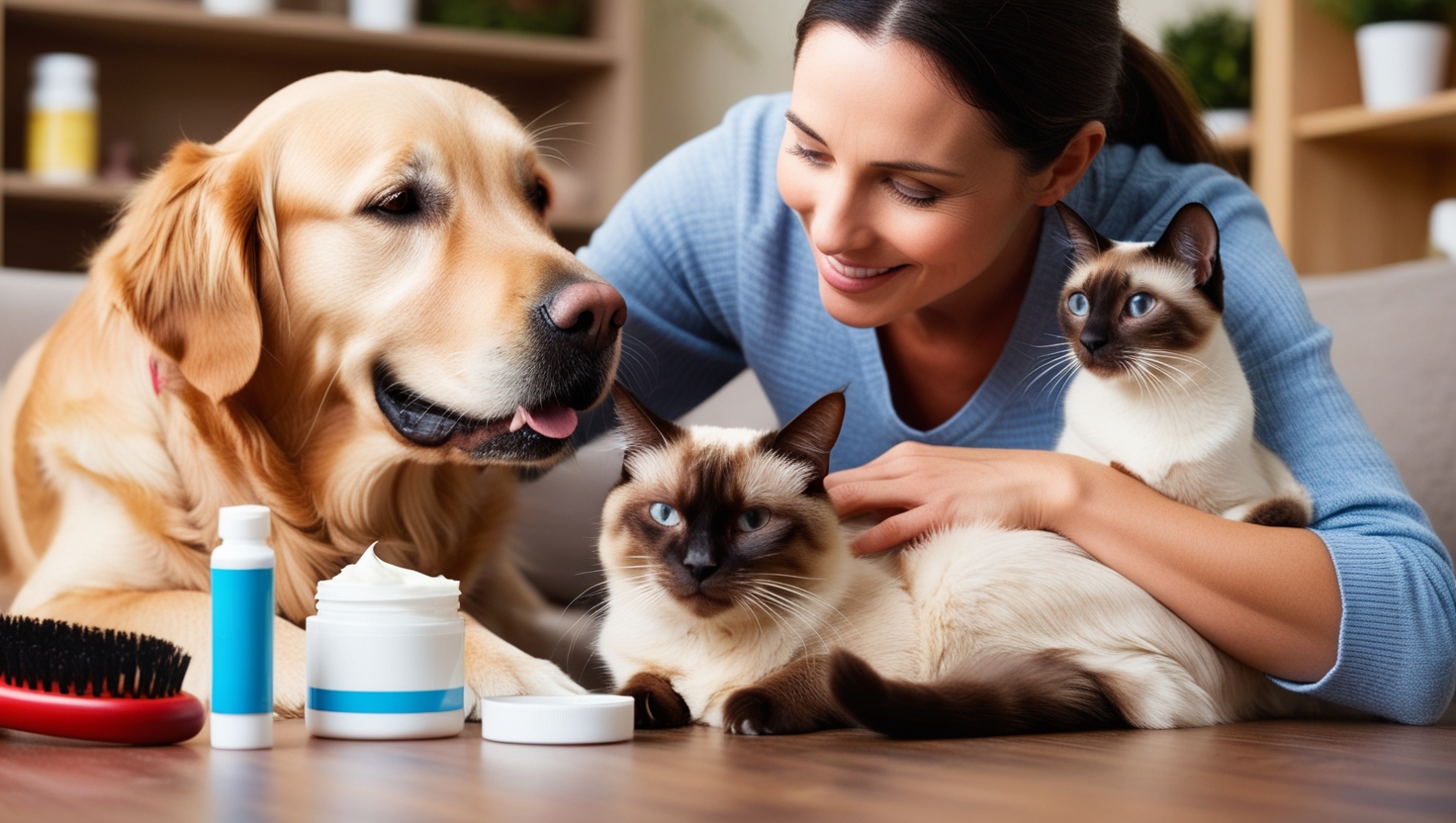 Proprietário de pet cuidando de um cachorro golden retriever e um gato siamês com sinais de alergia, em um ambiente doméstico aconchegante