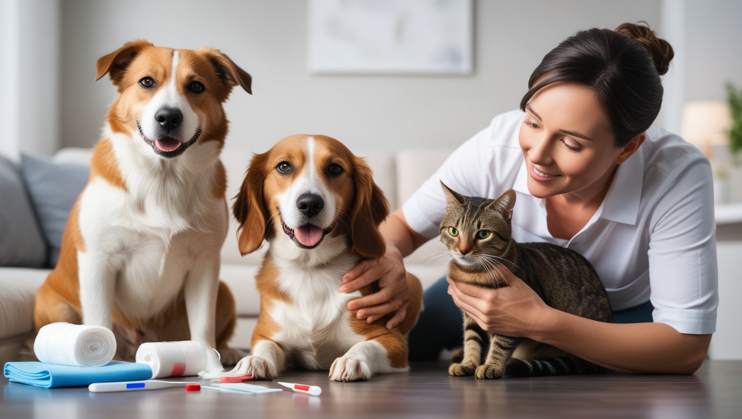 Dono cuidando de um cachorro e um gato usando itens de primeiros socorros, incluindo gaze e bandagens, em um ambiente acolhedor e bem iluminado