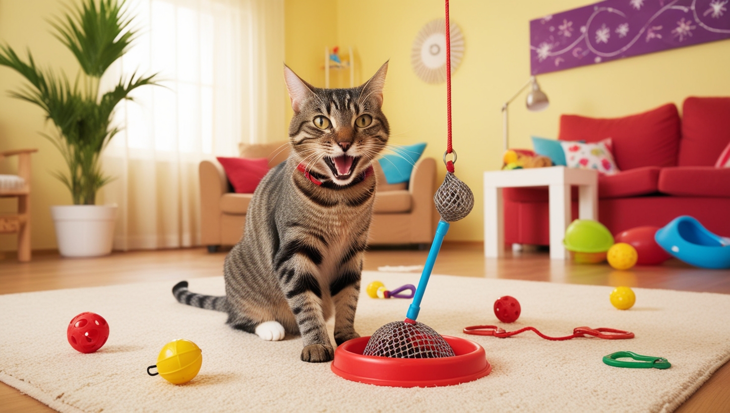 Gato indoor brincando com uma vara de pescar com penas em uma sala de estar com arranhadores e brinquedos.