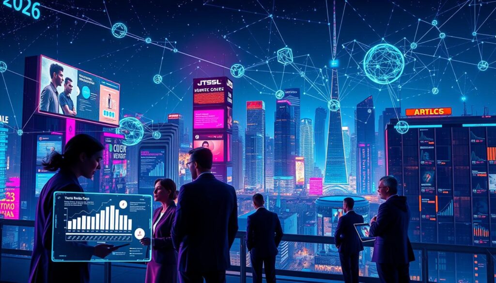 A futuristic digital landscape illustrating social media algorithms in 2026, with dynamic data flows and vibrant network connections. In the foreground, a diverse group of professionals in business attire collaborates over holographic displays showcasing trending content and engagement metrics. The middle ground features a sleek, modern cityscape dotted with digital billboards reflecting viral posts and real-time analytics. In the background, a night sky illuminated by glowing data streams and abstract representations of social networks. Use bright neon colors and soft reflections to create a tech-savvy atmosphere. Employ a slightly low angle to emphasize the towering structures and creativity in data visualization, with a focus on innovation and adaptation in the social media realm.