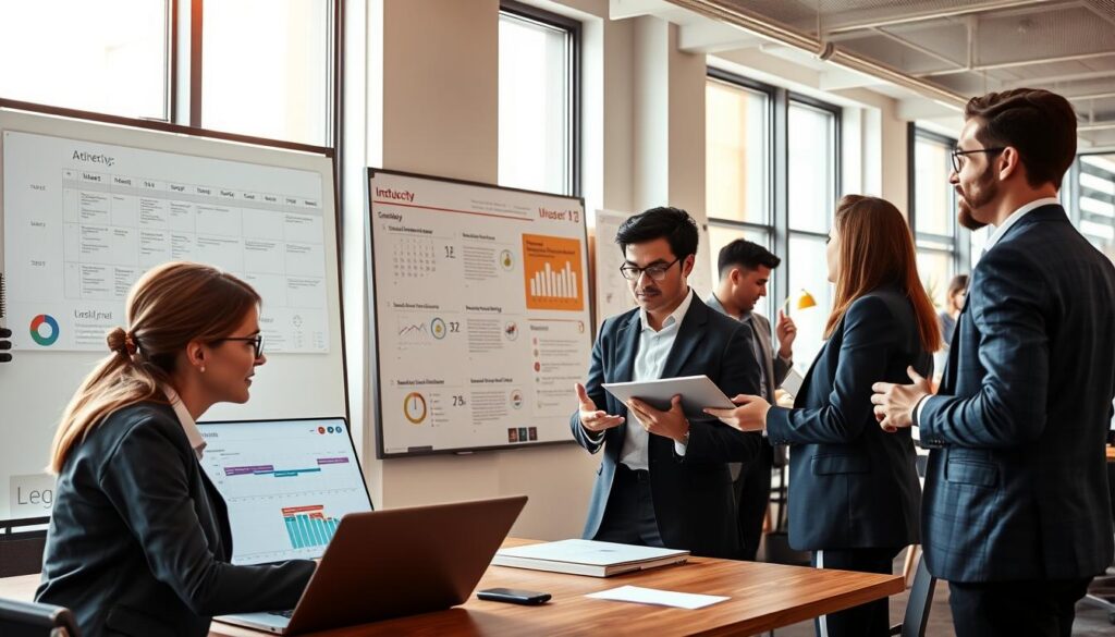 A modern office workspace featuring a diverse group of professionals, engaged in using artificial intelligence tools for time management and organization. In the foreground, a woman in smart business attire analyzes a digital dashboard displaying timelines and task lists on a sleek laptop. Next to her, a man reviews a virtual calendar projected in the air. The middle ground shows a whiteboard filled with charts and AI-generated insights, surrounded by motivational posters about productivity. In the background, large windows allow warm natural light to filter in, illuminating the space and creating a productive atmosphere. Use a wide-angle lens for depth, with a focus on the harmonious interaction between people and technology, conveying a sense of collaboration and efficiency in a contemporary business environment.